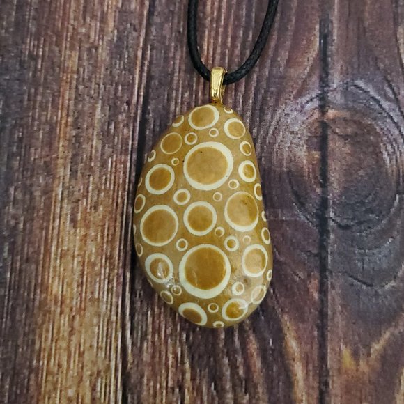 Hand Painted Dot Art Pendant. Gold and Ivory - Picture 9 of 11